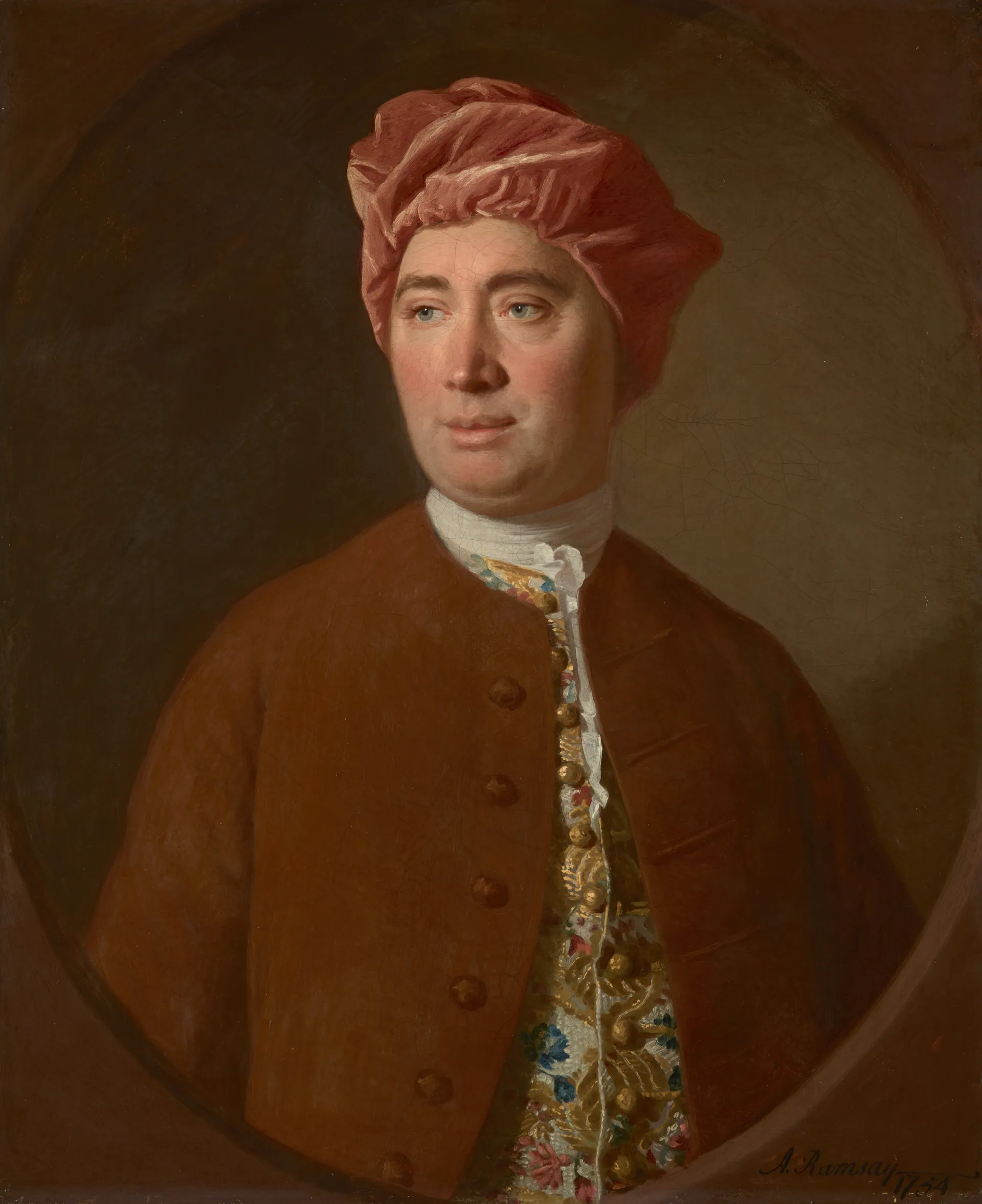 艾伦·拉姆齐绘大卫·休谟肖像（1766年）：休谟身着红色睡袍式便装，头戴软帽，侧身而坐，目光沉稳地望向画外，色调以深红与暗褐为主