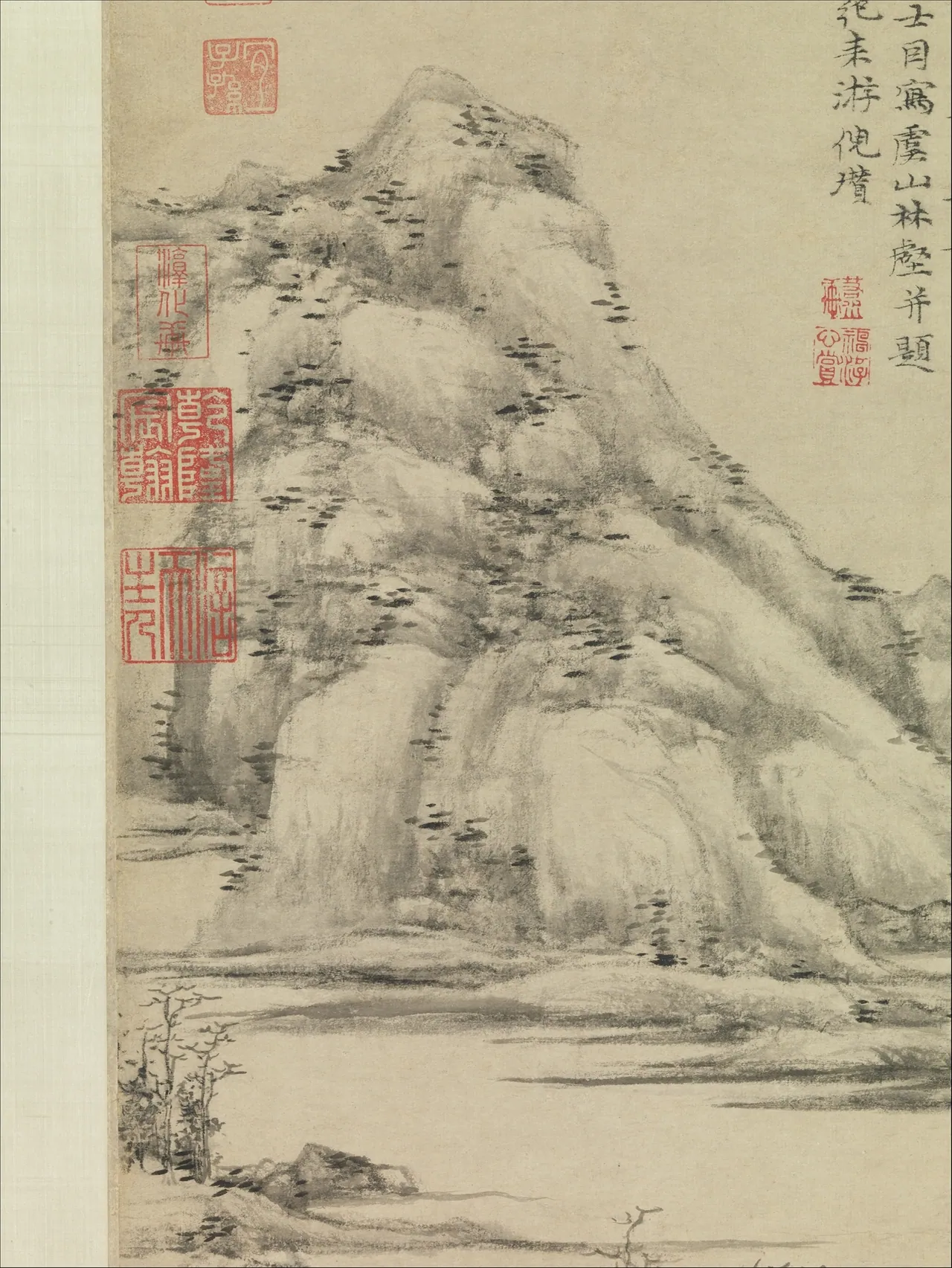 倪瓒《虞山林壑图》轴：前景坡石杂树以枯淡折带皴写成，中段大片留白为江水云气，远景山峦低回，题诗与朱红藏印点缀上方
